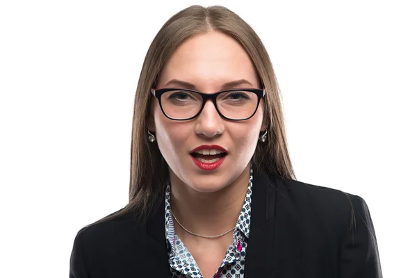 Foto einer sprechenden Geschäftsfrau mit Brille — Stockfoto