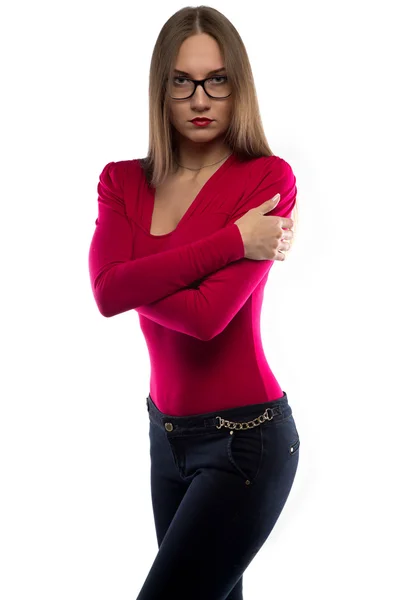 Image of hugging woman in red shirt — Stock Photo, Image