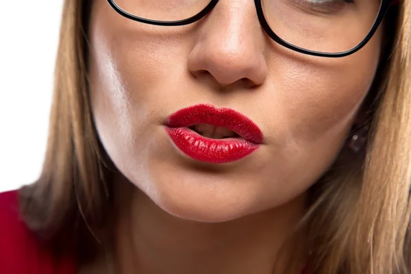 Foto de cara de mujer, labios rojos — Foto de Stock