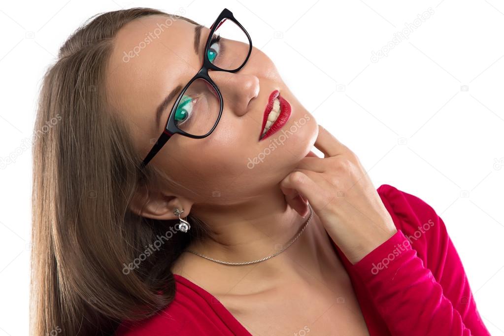 Photo of smiling woman in red, leaned head
