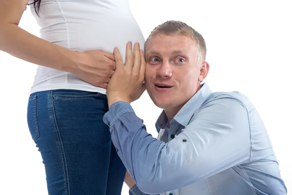 Image listening man and womans belly — Stock Photo, Image