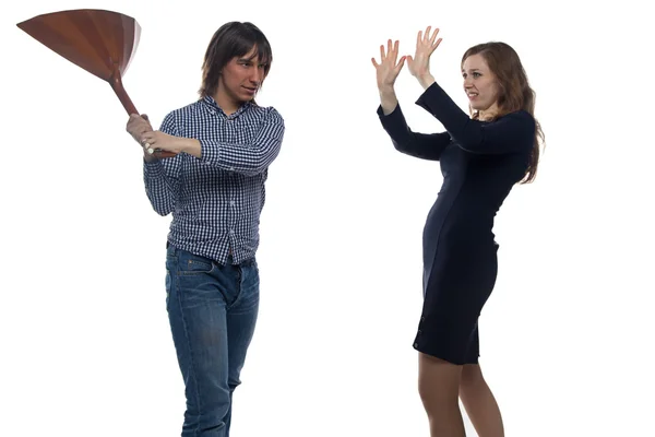 Homem com balalaika e mulher — Fotografia de Stock