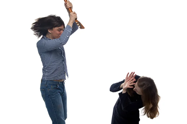 Jovem irritado com balalaika e mulher — Fotografia de Stock