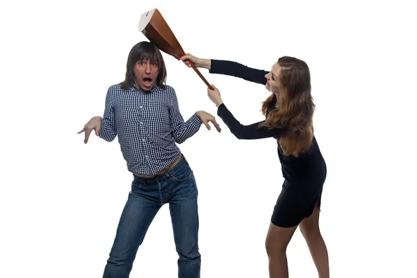 Angry woman with balalaika and man — Stock Photo, Image