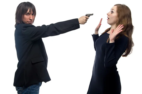 Man with gun threatening woman — Stock Photo, Image