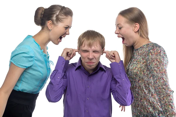 Screaming women and young man Stock Photo