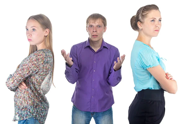 Confused blond man and two women — Stock Photo, Image