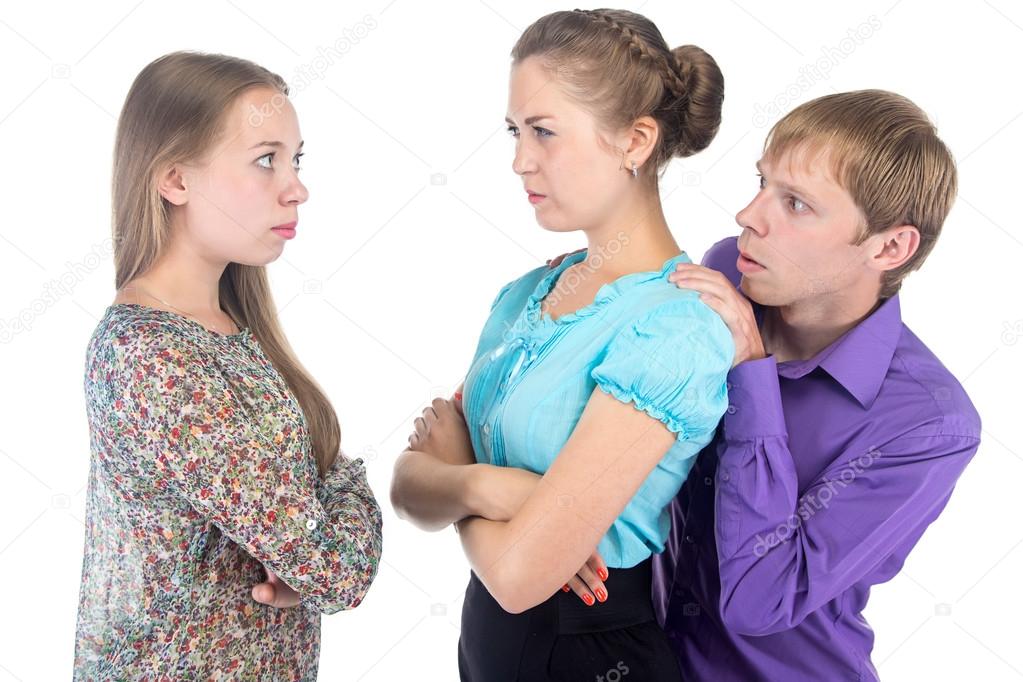 Cowardly blond man and two women