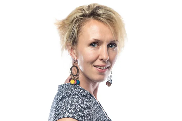 Portrait of blond woman on white close up — Stock Photo, Image