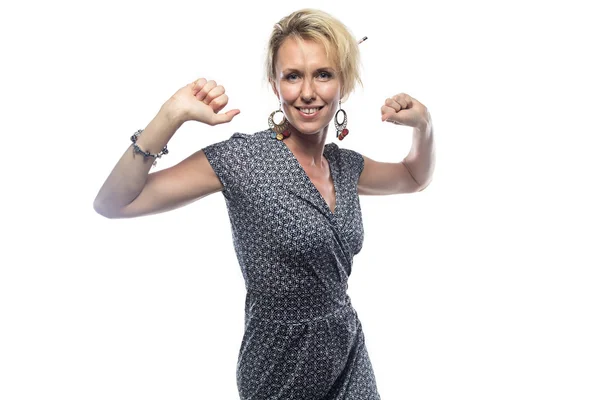 Portrait of blond woman with hands up — Stock Photo, Image