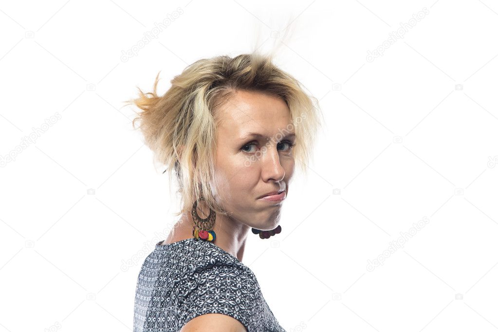 Portrait of tired woman on white background