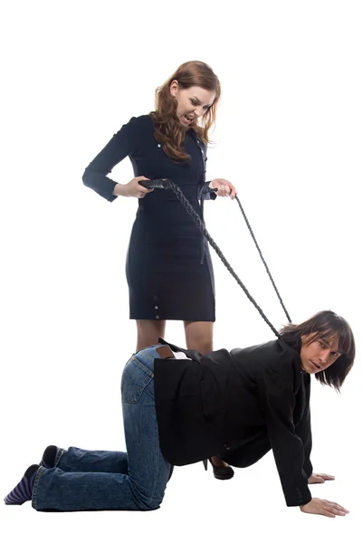 Woman with whip and man in jacket — Stock Photo, Image