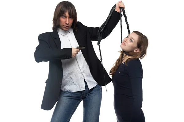 Man with pistol holding woman — Stock Photo, Image