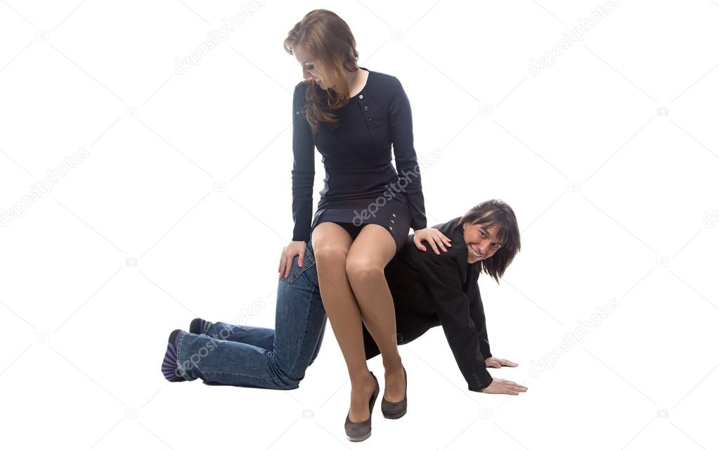 Woman sitting on happy man