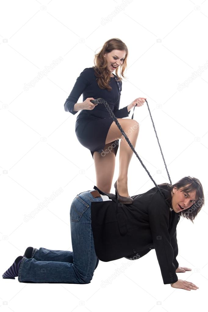 Woman putting leg on man in jacket