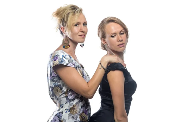 Two joking sisters on white background — Stock Photo, Image