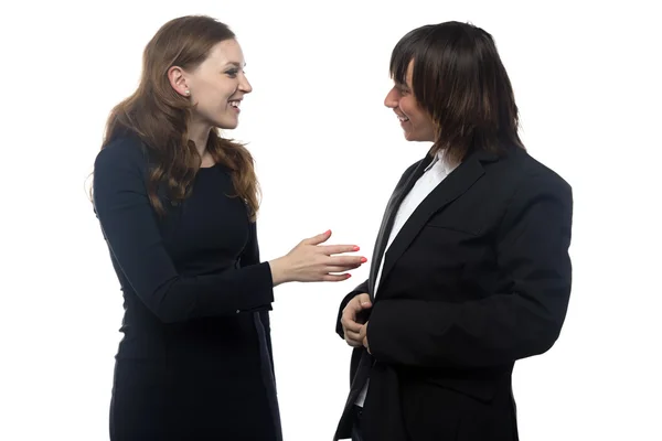 Nő és férfi fekete zakó beszéd — Stock Fotó