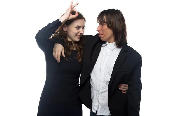 Happy woman and man in black jacket — Stock Photo, Image