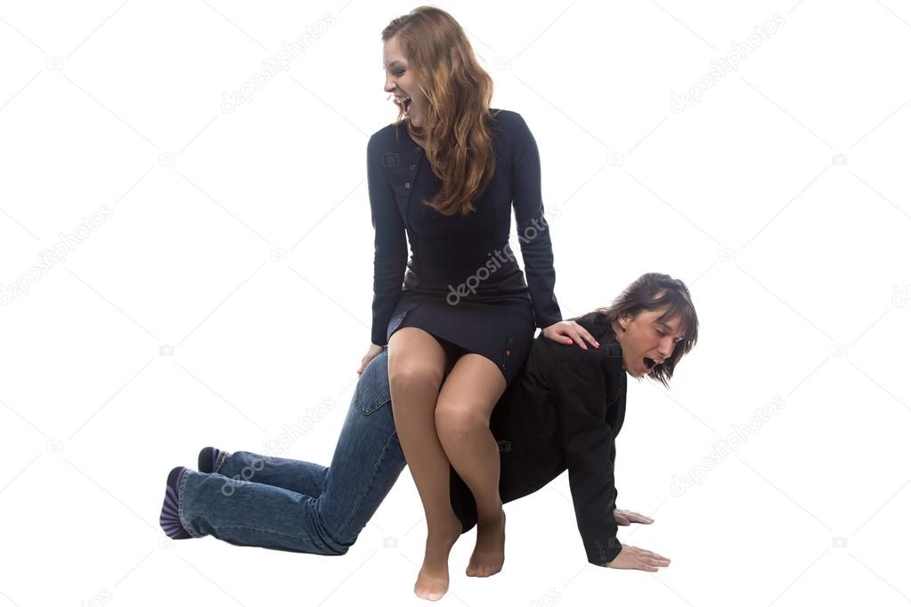 Woman sitting on man in jacket