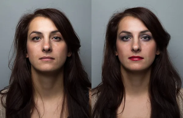 Young woman before and after make up — Stock Photo, Image