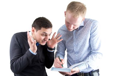 Two businessmans on white writting something clipart