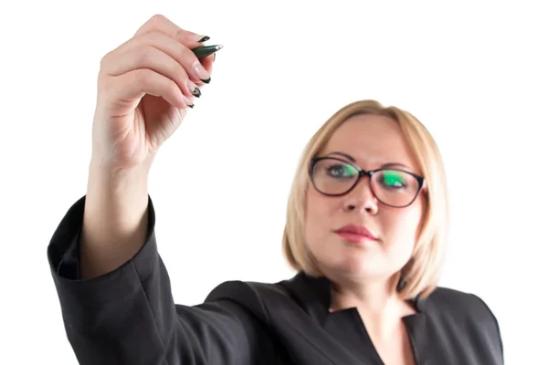 Mujer de negocios en blanco escribiendo algo —  Fotos de Stock