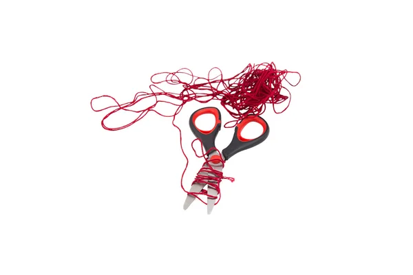 Scissors and thread  on white background — Stock Photo, Image