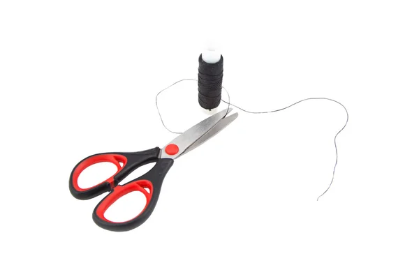 Balck thread and scissors on white background — Stock Photo, Image