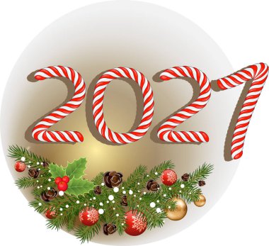 Noel şeker kamışı dizayn tarzında tebrik kartı. Mutlu Noeller ve mutlu yıllar 2021 için tipografi numaraları. Tatil posteri ve tebrik kartı dekore edilmiş ladin ağacı. İzole vektör illüstrasyonu