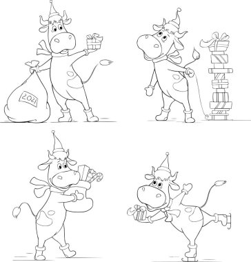 Noel Baba kostümlü bir boğa sürüsü, beyazın üstünde izole edilmiş bir şekilde duruyor. Mutlu Noeller ve yeni yıl kutlamaları. El çizimi çizimleri. Çocuklar için boyama kitabı. Yeni Yıl 2021 sembolü