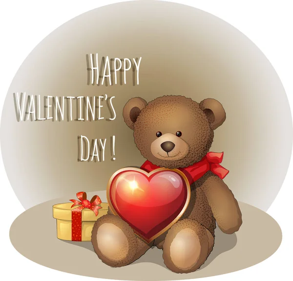 Šťastný Valentýn Medvídkem Červeném Šátku Červeným Srdcem Dárkem Kresleném Stylu — Stockový vektor