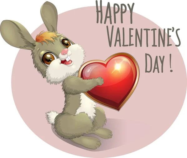 赤いハートを持っているウサギとハッピーバレンタインデー 笑顔ウサギのベクトルイラスト漫画スタイルで 結婚式 誕生日カードやポスターでお祝いの動物の文字 隔離された区画 — ストックベクタ