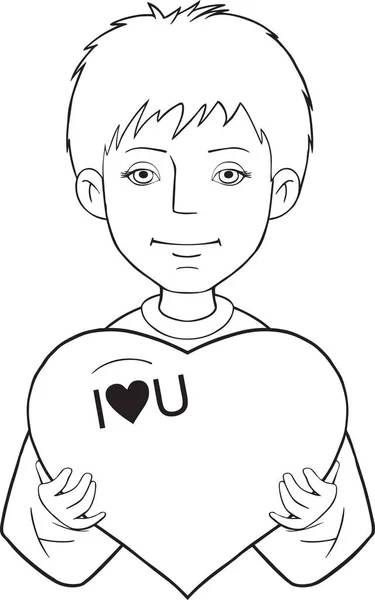 Happy Valentine Day Cute Boy Holding Heart Black White Vector — Stock Vector