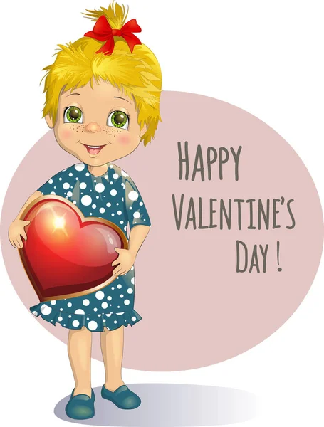 Roztomilá Dívka Drží Velké Srdce Šťastný Valentýna Ilustrace Roztomilé Dítě — Stockový vektor