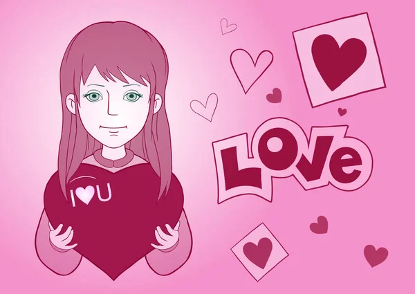 Linda Chica Feliz Día San Valentín Vector Ilustración Niño Adorable — Archivo Imágenes Vectoriales