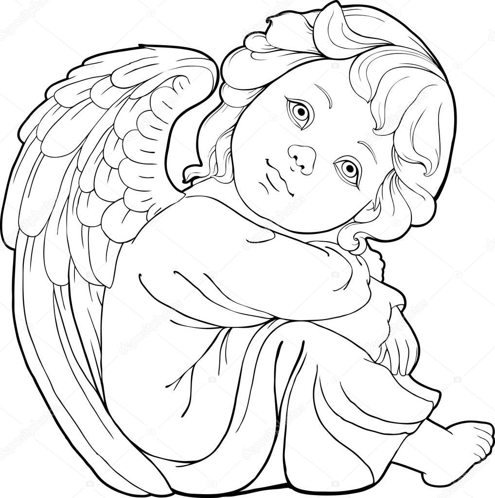 Sitting Cupid Happy Valentine's Day isolated clipart in cartoon style. Art design for birthday, wedding card or Valentine's day. Character for congratulation. Angelic beings on white background