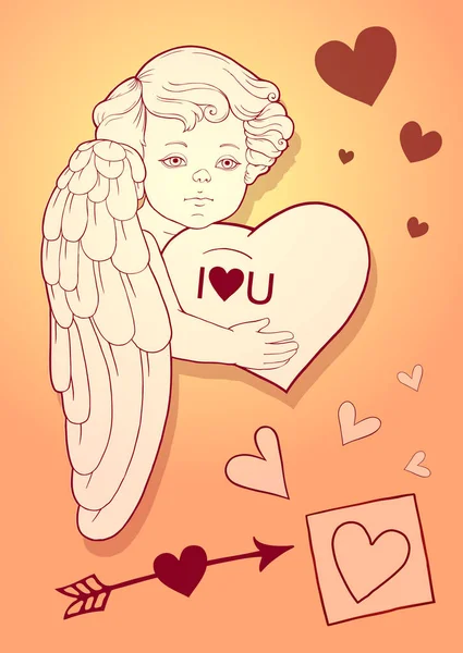 Персонаж Поздравления Ангельские Существа Оранжевом Фоне Днем Святого Валентина Открытка — стоковый вектор