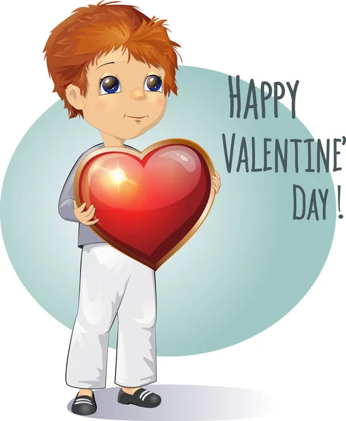 Šťastný Valentýn Roztomilým Chlapcem Držícím Srdeční Vektorovou Ilustraci Roztomilé Dítě — Stockový vektor