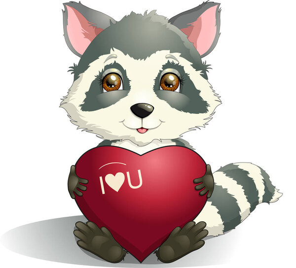 Енот держит сердечную любовь. Happy Valentine 's Day clipart Isolated. Животный персонаж для поздравления со свадьбой, открыткой на день рождения, флаером и плакатом. Векторная иллюстрация енотов в мультяшном стиле 
