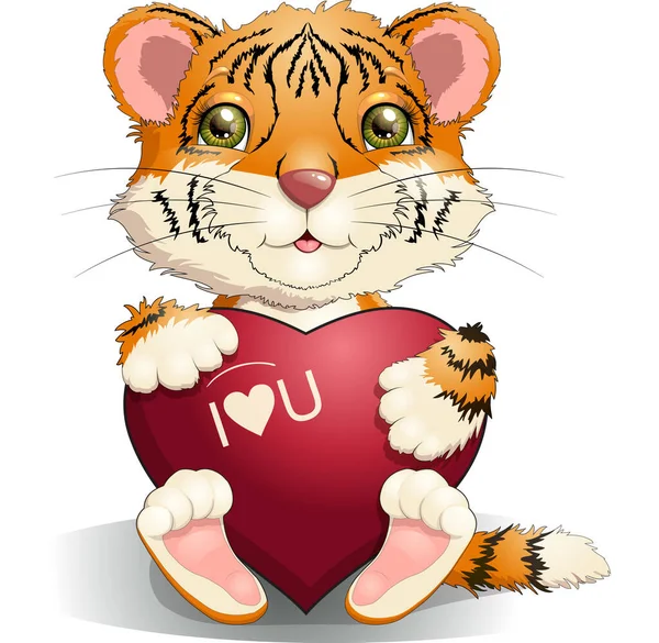 Mignon Tigre Tenant Coeur Amour Happy Valentine Day Clipart Isolé — Image vectorielle