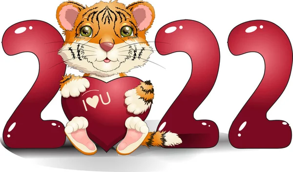 中国の暦によると 虎の2022年のホロスコープの概念 バナー タイポグラフィのポスター 招待状 カレンダー 新年の挨拶カードを飾るための番号2022デザイン ベクトル漫画虎 — ストックベクタ