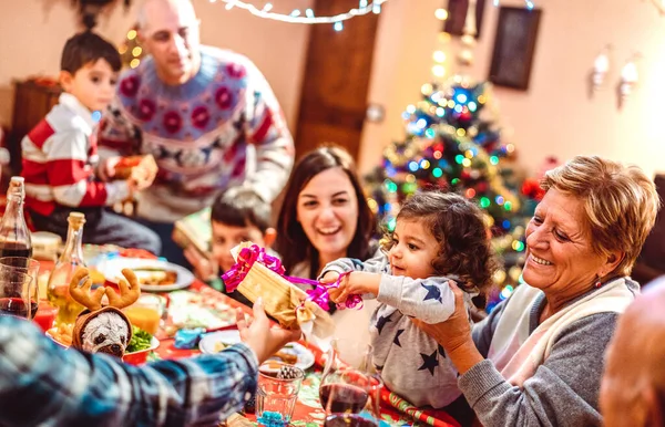 Multi Generation Big Family Having Fun Christmas Supper Party Winter — Stock Photo, Image