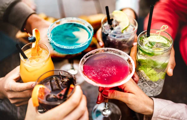 People Hands Toasting Multicolored Fancy Drinks Young Friends Having Fun — Stock Photo, Image