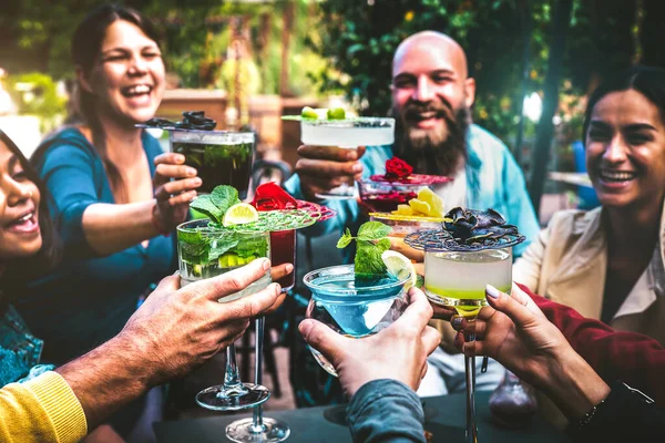 Fashionable People Holding Multicolored Drinks Trendy Friends Having Fun Together Royalty Free Stock Photos