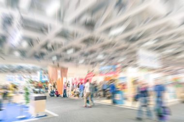 Generic trade show stand with blurred zoom defocusing - Concept of business social gathering for international meeting exchange clipart