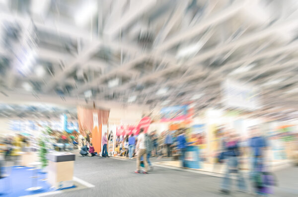 Generic trade show stand with blurred zoom defocusing - Concept of business social gathering for international meeting exchange