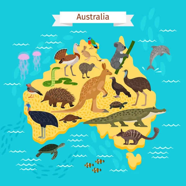 澳大利亚地图上的动物和鸟类 — 图库矢量图片