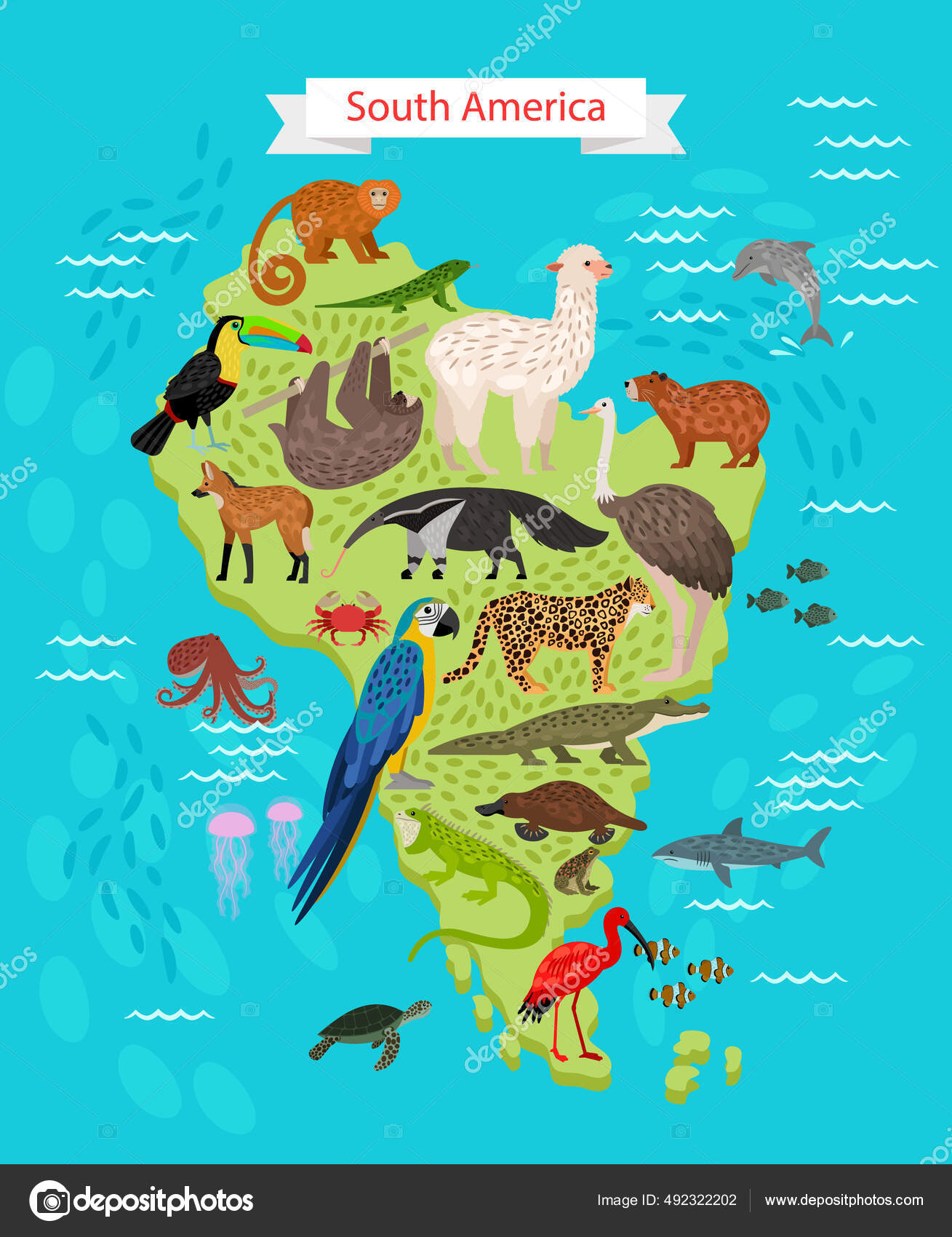 Different animals and Birds on South America Map Stock Vector Image by ©ianakauri #492322202 Different animals and Birds on South America Map Stock Vector Image by ©ianakauri #492322202