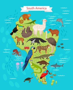 Güney Amerika haritasında farklı hayvanlar ve kuşlar var.