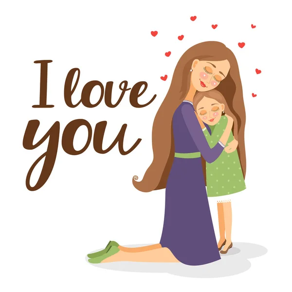 Mãe Alegre Abraços Pequena Filha Feliz — Vetor de Stock